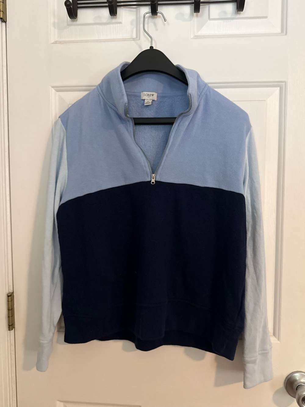 J. Crew Women’s Cropped Three-Tone Blue Quarter-Zip Sweater